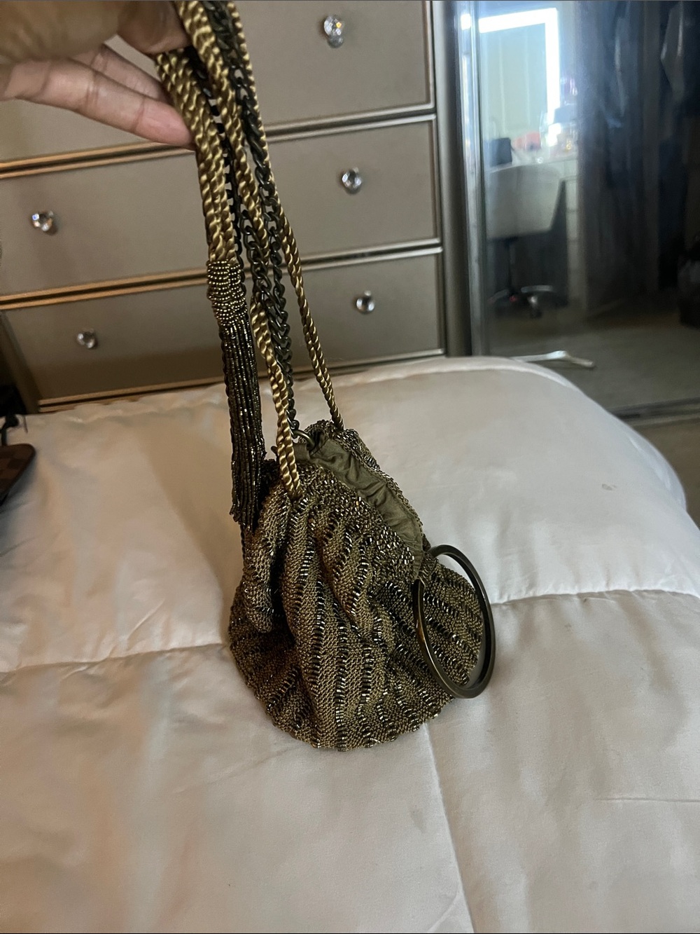 Zara Metallic Olive Drawstring Wristlet with Gold Chain
